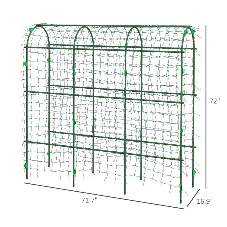 Green garden arch trellis with wire mesh, arched frame, and four support legs