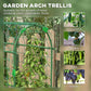 Green metal garden arch trellis frame with wire grid and curved top bars