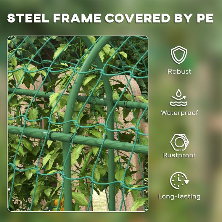 Green metal arch trellis with PE-covered wire grid for climbing plants