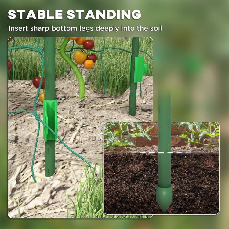 Green metal arch trellis with pointed stake legs inserted into soil, holding vines