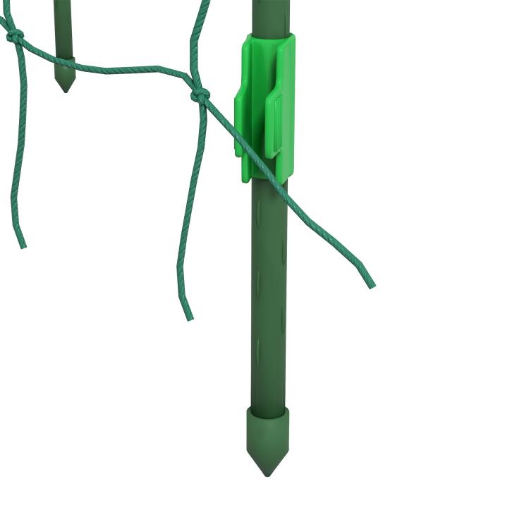 Green metal trellis leg with ground stake and attached wire mesh ties