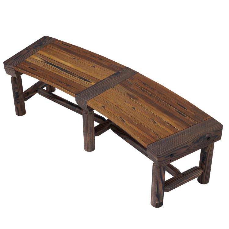 Wooden outdoor tree bench side view with dark brown slats and sturdy legs