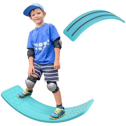 Blue and turquoise balance wobble board with textured grip surface for feet
