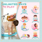 Turquoise-blue balance board with child playing in a standing rocking pose