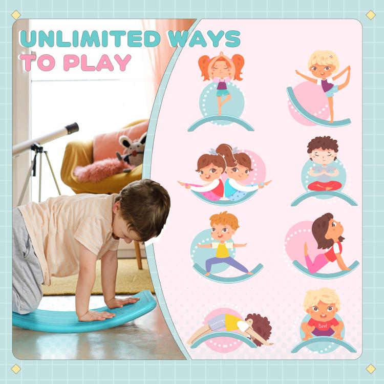 Turquoise-blue balance board with child playing in a standing rocking pose