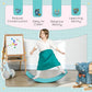 Turquoise-blue wobble board with child standing on the curved rocker