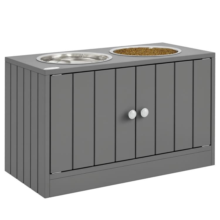 Gray raised dog feeding cabinet with two stainless steel bowls and two front doors