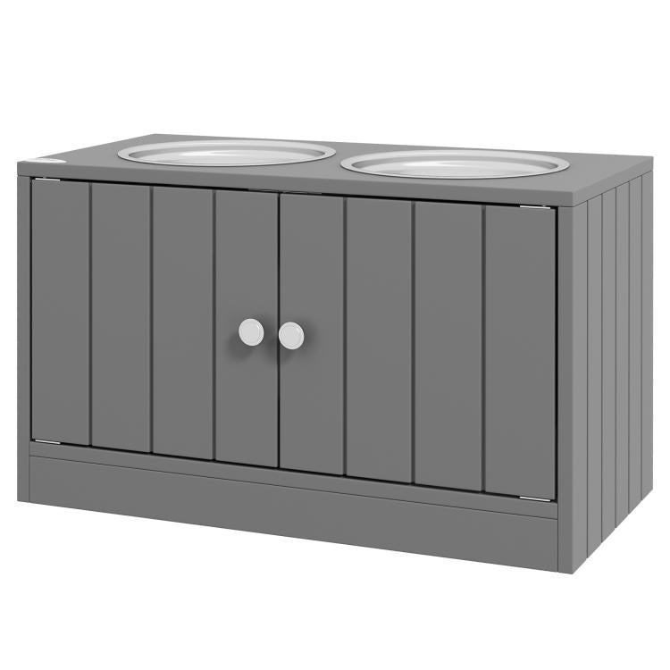 Gray double-bowl dog feeder cabinet with front doors and raised top