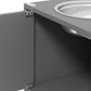 Gray elevated dog bowl cabinet with open storage compartment and metal latches