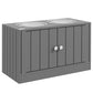 Gray dog bowl cabinet with two raised bowls and double doors with round knobs