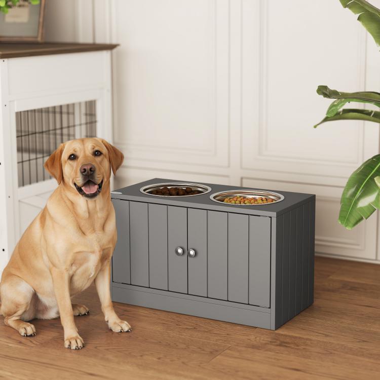 Gray two-bowl dog feeding cabinet with double doors and metal knobs