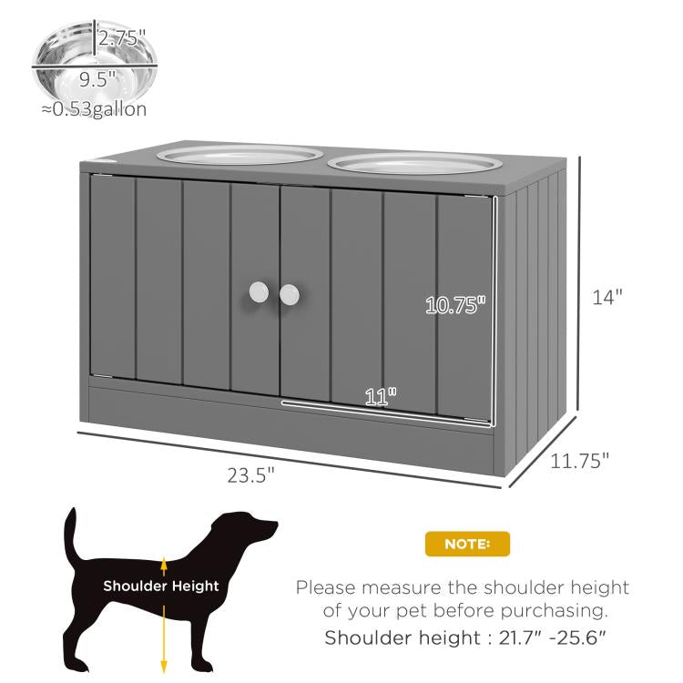 Gray raised dog feeder cabinet with two stainless bowls, size dimensions shown