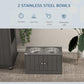Gray pet feeding cabinet with two stainless steel bowls on top