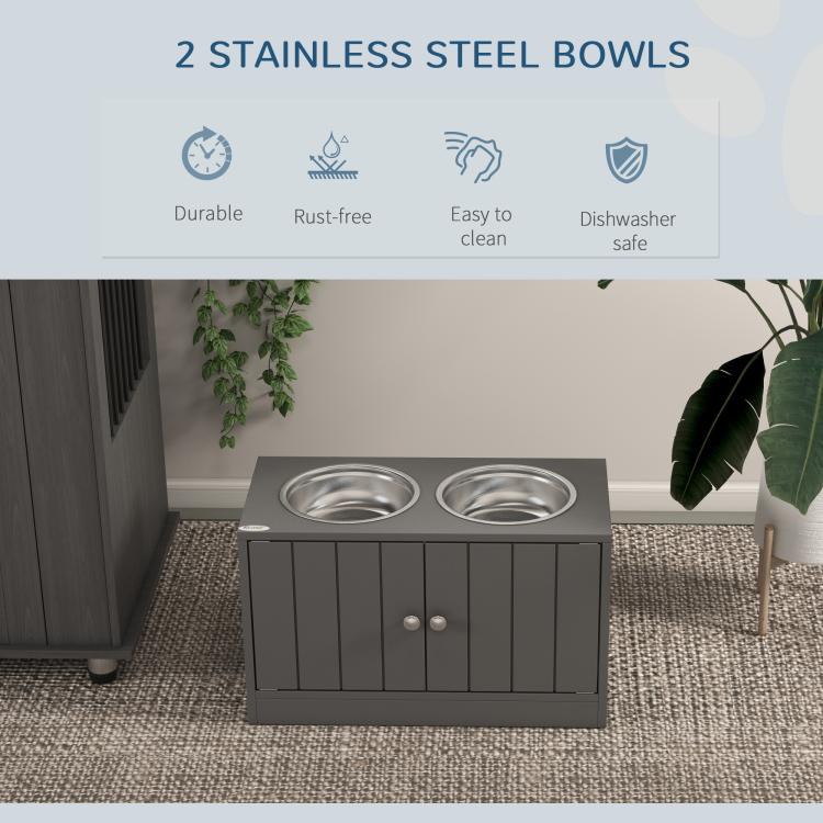 Gray pet feeding cabinet with two stainless steel bowls on top
