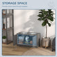 Gray dog feeding cabinet with open storage space behind the front doors