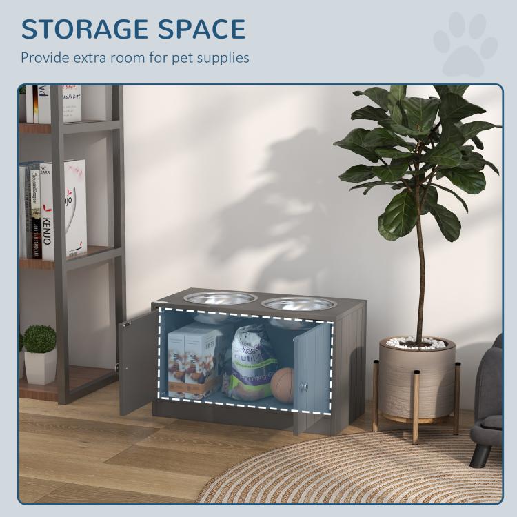 Gray dog feeding cabinet with open storage space behind the front doors