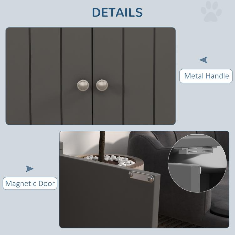 Gray cabinet door details with metal handle and magnetic door feature