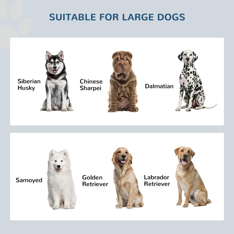 Gray raised dog feeding cabinet sized for large dogs