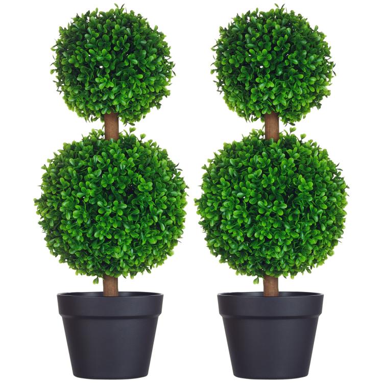 Artificial boxwood ball topiary set of two green pom-pom trees in black pots