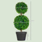 Artificial boxwood double-ball topiary tree with green foliage in black pot, size diagram