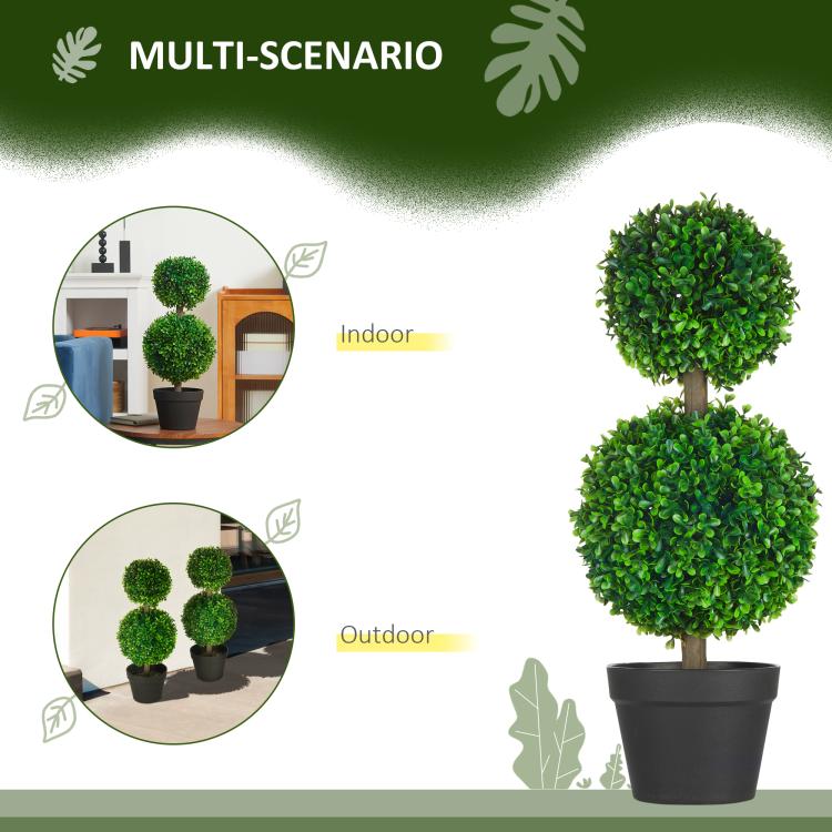 Artificial boxwood double-ball topiary tree in black pot with green pom-pom foliage