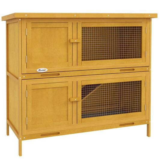 Wooden rabbit hutch with two mesh-front doors and stacked compartments, yellow finish