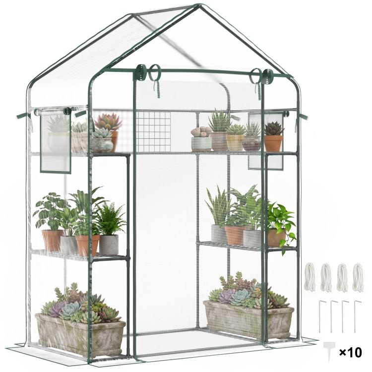 Outdoor walk-in mini greenhouse with green metal frame, mesh panels, and tiered plant shelves