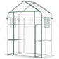 Outdoor walk-in mini greenhouse with green metal frame, clear PVC cover, and mesh door