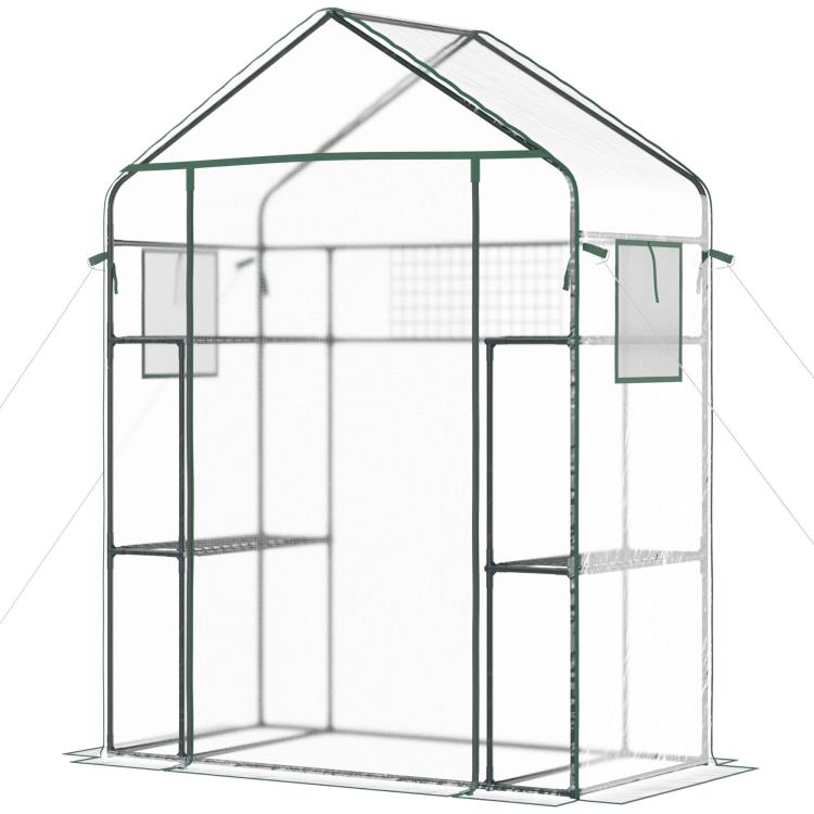 Outdoor walk-in mini greenhouse with green metal frame, clear PVC cover, and mesh door