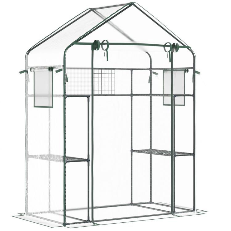 Portable mini walk-in greenhouse with metal frame, mesh panels and wire shelves