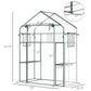 Outdoor walk-in mini greenhouse dimensions diagram with green frame, mesh door, and shelves