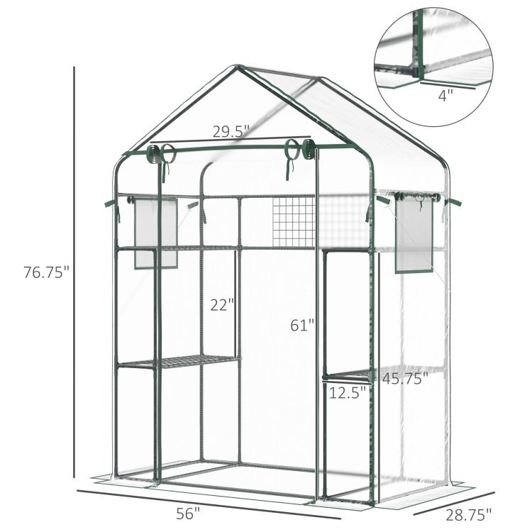 Outdoor walk-in mini greenhouse dimensions diagram with green frame, mesh door, and shelves