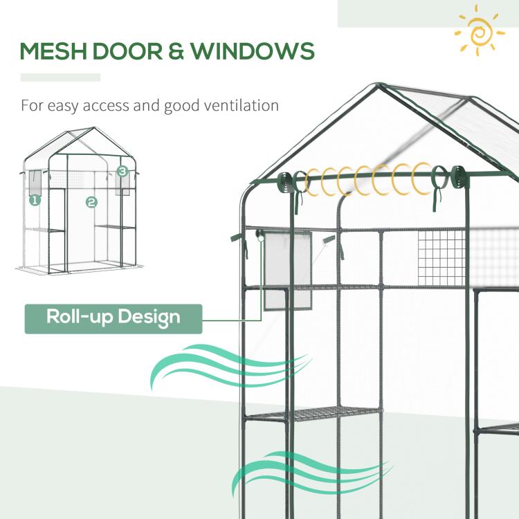 Outdoor walk-in mini greenhouse features mesh door and windows with roll-up design