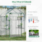 Outdoor walk-in mini greenhouse infographic showing multiple storage tiers and trellis