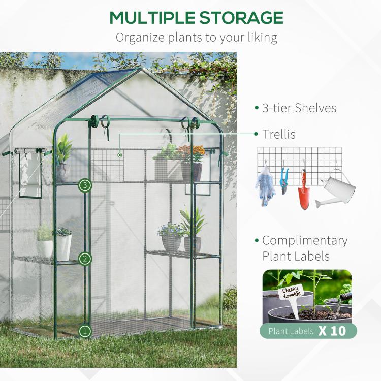 Outdoor walk-in mini greenhouse infographic showing multiple storage tiers and trellis
