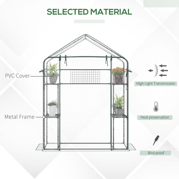 Outdoor walk-in mini greenhouse infographic highlighting metal frame and PVC cover