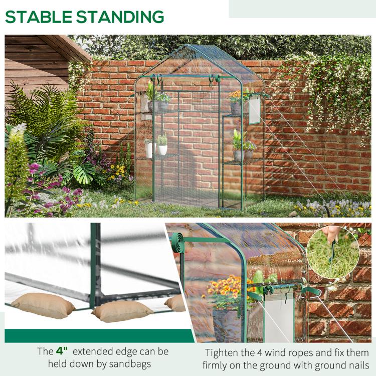 Outdoor walk-in mini greenhouse infographic for stable standing with ground rails and edging