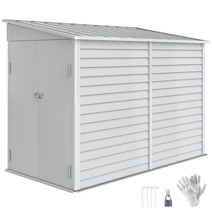 White metal outdoor storage shed with single door and louvered side panels
