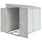 White metal storage shed with open double doors, interior shelves, and support frame