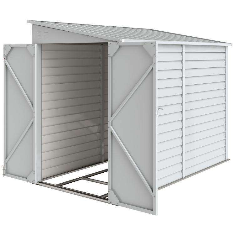 White metal storage shed with open double doors, interior shelves, and support frame