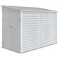 White metal outdoor storage shed with closed double doors and vertical side handles