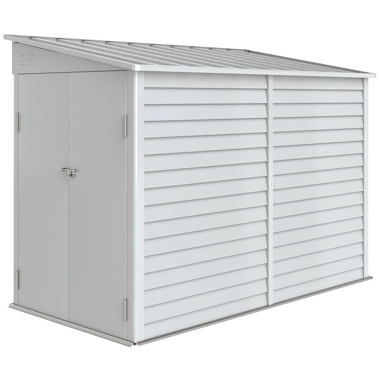 White metal outdoor storage shed with closed double doors and vertical side handles