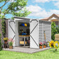 Outdoor metal storage shed with both doors open and side louver panels