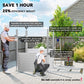 Metal storage shed assembly scene with people assembling shed frame and panels