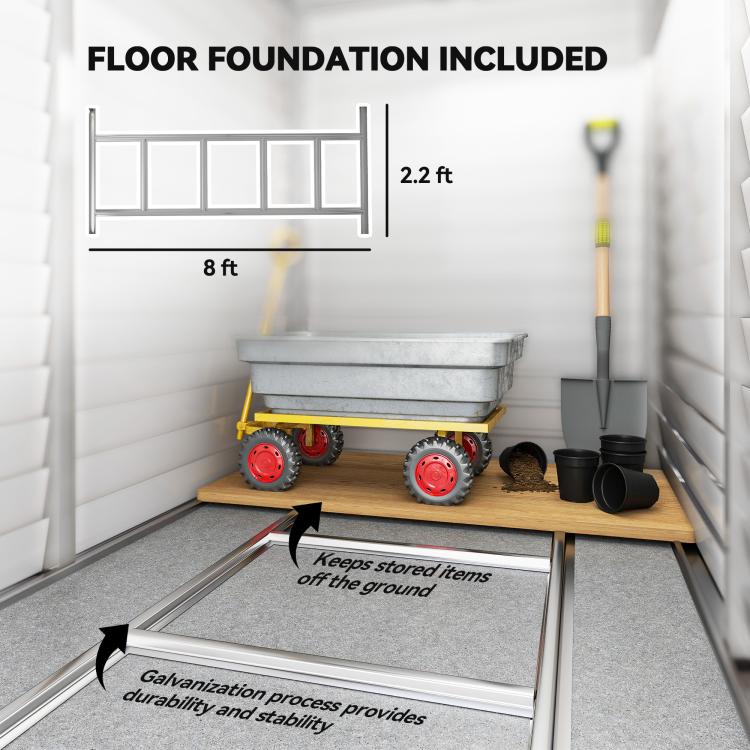 White metal shed floor foundation inside, with tray panels and corner hardware