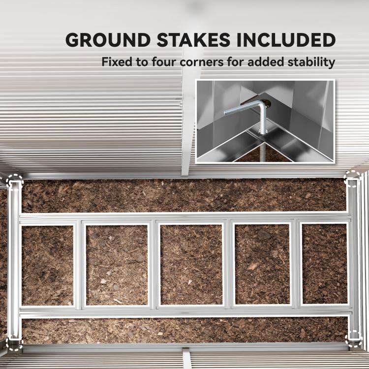 White metal shed base corner ground stakes securing the foundation to soil