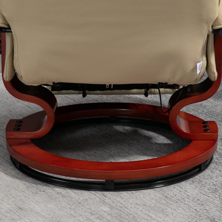 Manual recliner base with wrapped wood arms and circular footrest platform