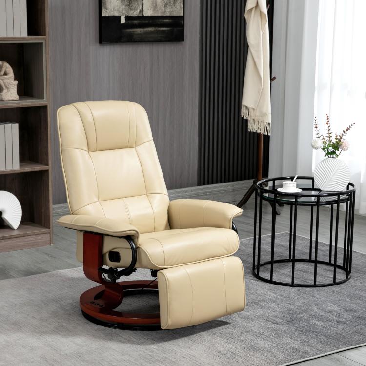 Cream recliner swivel lounge chair with padded armrests and footrest