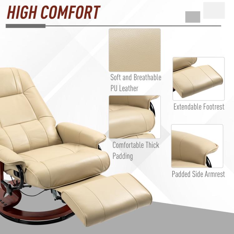 Cream recliner lounge chair with extendable footrest and padded side armrests