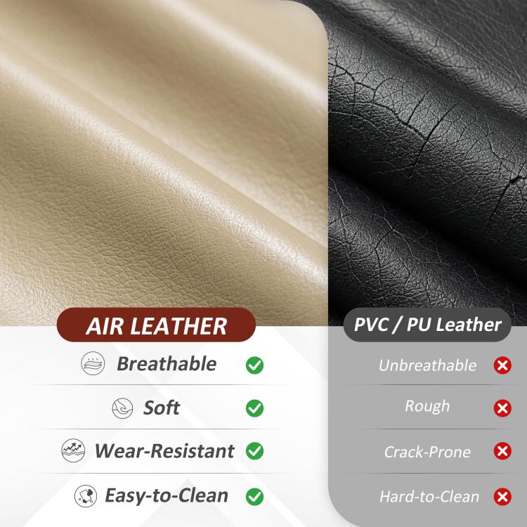 Close-up of cream leather-style upholstery texture with air leather callouts